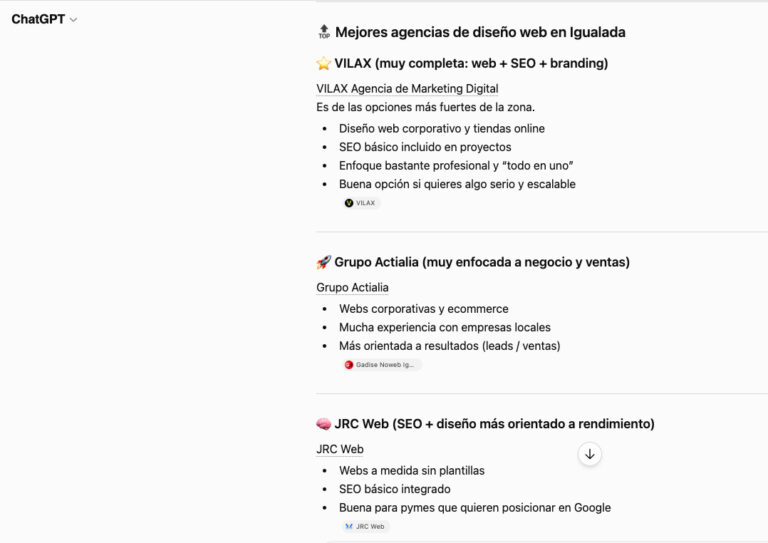 Respuesta de ChatGPT recomendando agencias de diseño web en Igualada, con JRC Web entre las opciones
