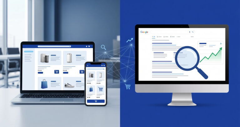 SEO para tiendas online: ecommerce en portátil y móvil junto a resultados de Google con posiciones al alza