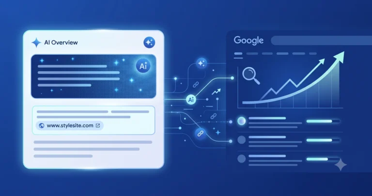 Respuesta de IA de Google (Gemini/AI Overview) citando una web como fuente junto a resultados de Google con la visibilidad al alza