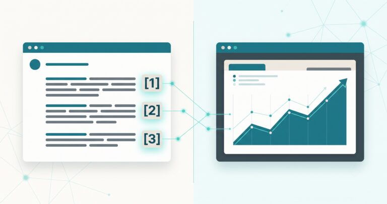Respuesta de IA con citas numeradas que enlazan a una web como fuente y gráfica de visibilidad al alza