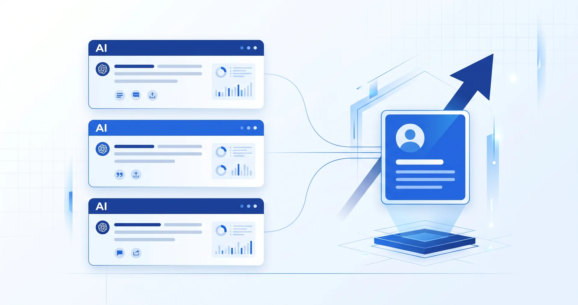 Varias respuestas de IA de asistentes como ChatGPT recomendando y citando a una misma empresa, con su visibilidad en aumento