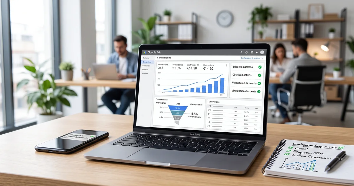 Panel de conversiones de Google Ads en un portátil con embudo, etiqueta instalada y objetivos activos, y un cuaderno con checklist de configuración
