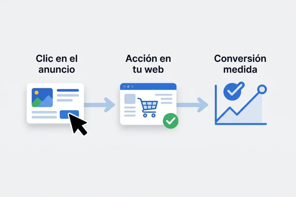 Flujo del seguimiento de conversiones: clic en el anuncio, accion en tu web y conversion medida