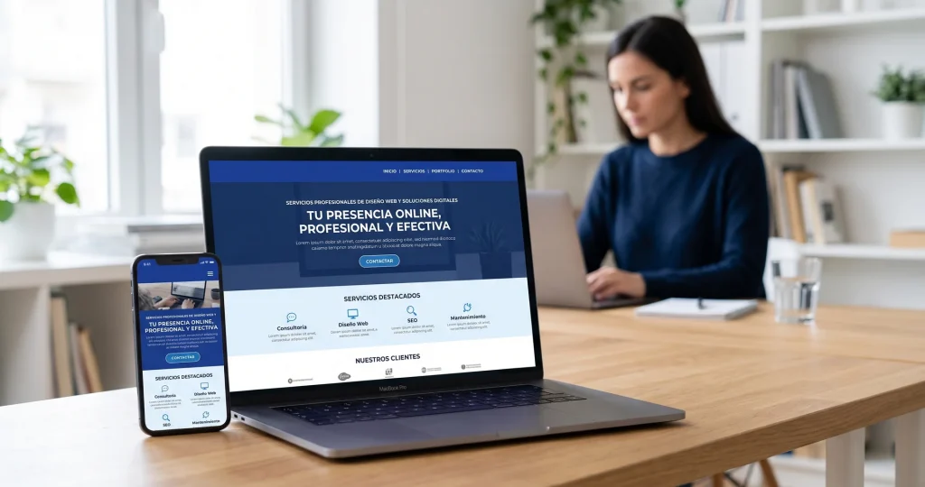 diseno web para autonomos destacada Web profesional de un pequeño negocio en portátil y móvil, con una autónoma trabajando al fondo