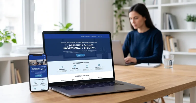 Web profesional de un pequeño negocio en portátil y móvil, con una autónoma trabajando al fondo