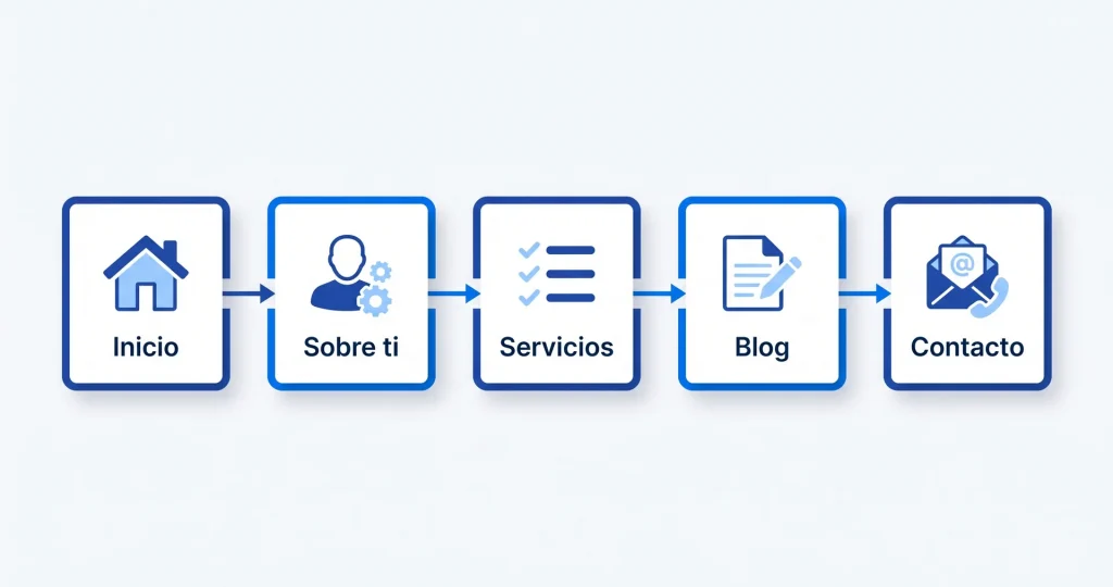 Estructura de una web de autónomo: inicio, sobre ti, servicios, blog y contacto conectados en fila