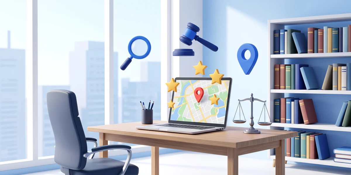 SEO para abogados: despacho de abogados con portátil que muestra Google Maps y reseñas