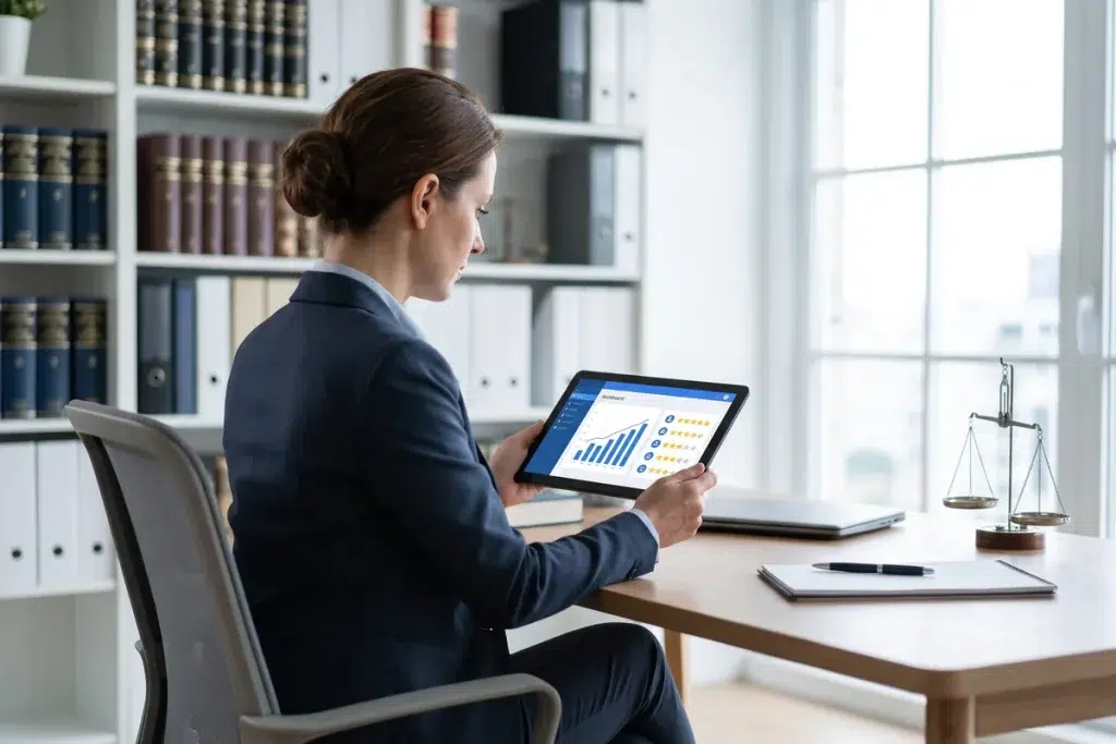 Abogada revisando en una tablet las consultas y reseñas que genera el SEO de su despacho