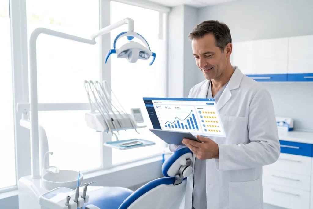 Dentista revisando en una tablet las citas y reseñas que genera el SEO de su clínica dental
