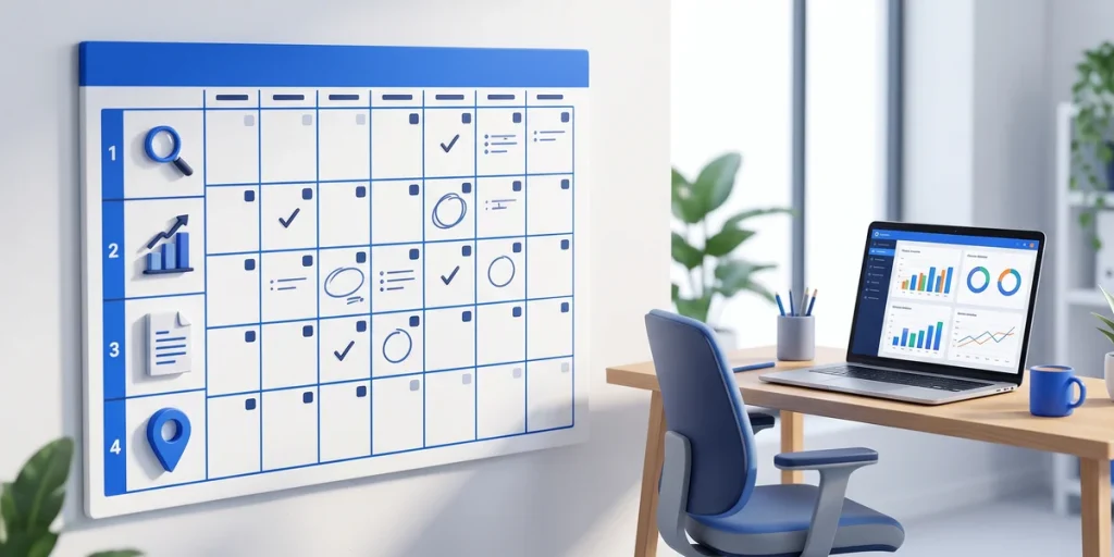 Servicio SEO mensual: calendario con las tareas SEO de cada semana y panel de métricas