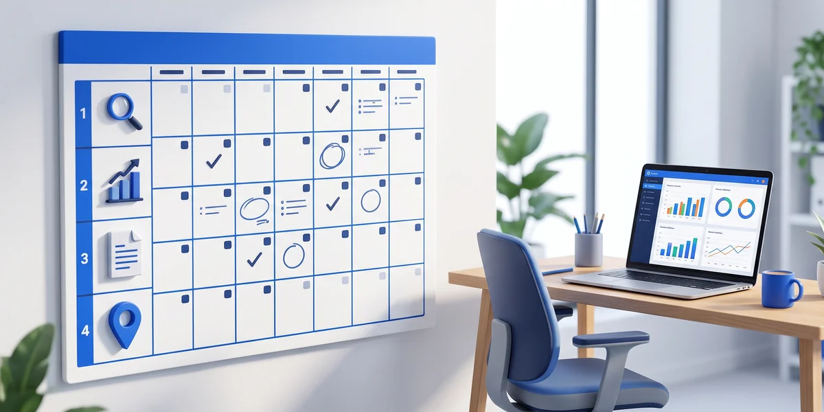 Servicio SEO mensual: calendario con las tareas SEO de cada semana y panel de métricas