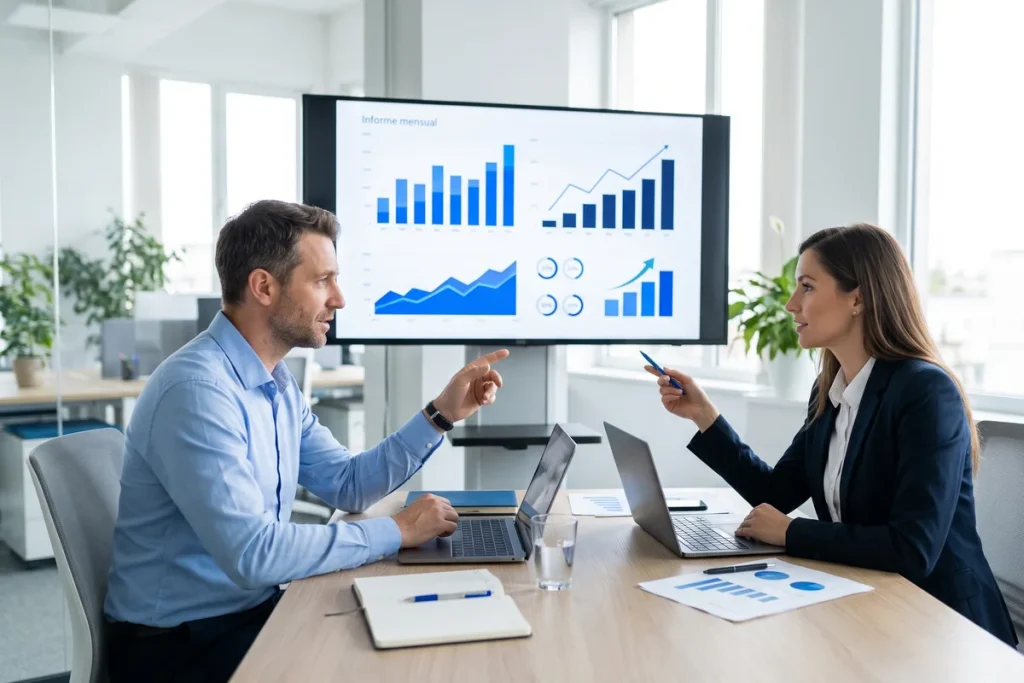 Consultor SEO y empresaria revisando el informe mensual de tráfico y posiciones